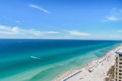 an aerial view of a beach and the ocean at Ocean Villa Penthouse #2302 in Panama City Beach