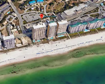 an aerial view of a beach with a red marker at Ocean Villa Penthouse #2302 in Panama City Beach