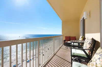a balcony with a view of the ocean at Calypso Resort Tower 1 Unit 1606 (3/2) in Panama City Beach