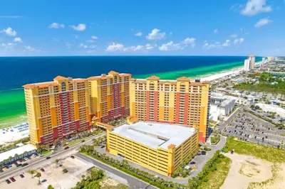 an aerial view of a resort on the beach at Calypso Resort Tower 1 Unit 1606 (3/2) in Panama City Beach