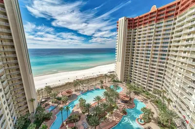 a view of the beach from the balcony of the resort at Shores of Panama by Panhandle Getaways in Panama City Beach