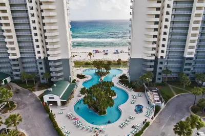an aerial view of the pool at the resort with the beach at Long Beach Resort by Panhandle Getaways in Panama City Beach