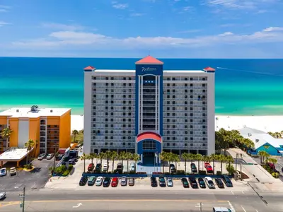 an aerial view of a hotel on the beach at Radisson Beachfront Hotel - Panama City Beach in Panama City Beach