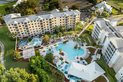 an aerial view of the resort with a swimming pool at Marriott's Legends Edge at Bay Point in Panama City Beach