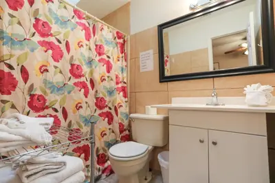a bathroom with a toilet and a sink and a mirror at House 3 blocks to the beach in Panama City Beach