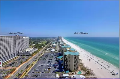 an aerial view of the beach and the ocean at Snowbirds are welcome Laketown Wharf Resort 2 and 3 flrs in Panama City Beach