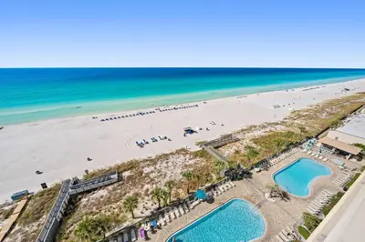 an overhead view of the beach and the ocean at Beautiful Condo with Spacious Balcony to Enjoy Fascinating Ocean View - Unit 1002 in Panama City Beach