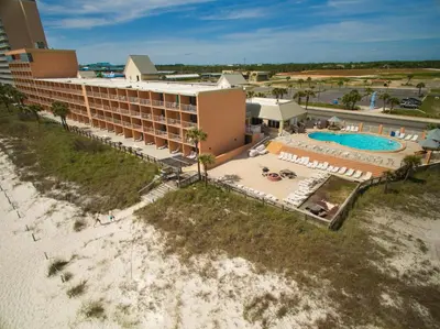 an overhead view of the resort from the beach at Seahaven Beach Hotel Panama City Beach in Panama City Beach