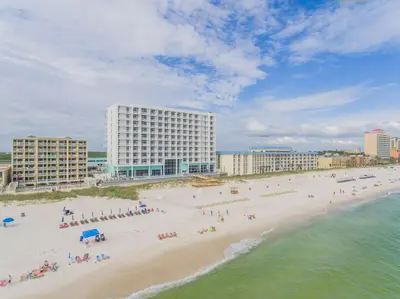 an aerial view of a beach with people and buildings at Hampton Inn & Suites Panama City Beach-Beachfront in Panama City Beach