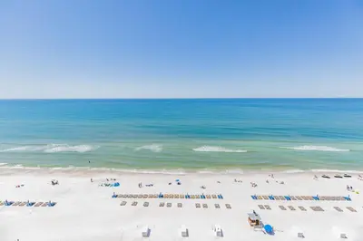 an overhead view of a beach with people and the ocean at Hampton Inn & Suites Panama City Beach-Beachfront in Panama City Beach