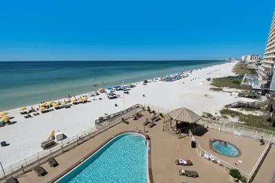 an aerial view of a beach and the ocean at Treasure Island 0510 in Panama City Beach