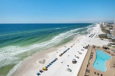 an aerial view of the beach and ocean at Treasure Island 1003 in Panama City Beach