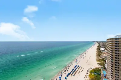 an aerial view of the beach and ocean at Treasure Island 2210 in Panama City Beach