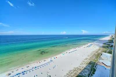 an aerial view of the beach in front of a resort at Wondrous Condo with Beach Access and Poolside Beach - Unit 2103 in Panama City Beach