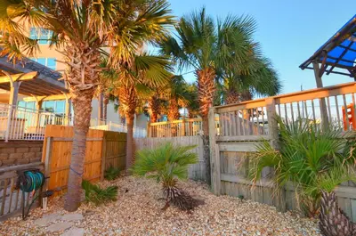 a fence with palm trees in front of a house at Sea Glass Villa in Panama City Beach