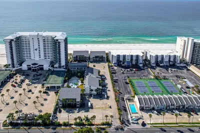 an aerial view of a resort with the beach at Oceanfront Panama City Beach Condo with Balcony! in Panama City Beach