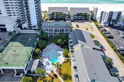 an aerial view of a city with a tennis court at Oceanfront Panama City Beach Condo with Balcony! in Panama City Beach