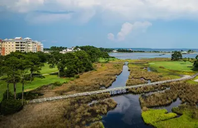 an aerial view of a river with a bridge at Klaus House 1 in Panama City Beach