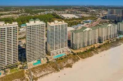 an aerial view of the beach and buildings at High-Rise PCB Condo with Oceanfront Views and Pool! in Panama City Beach
