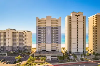 a group of tall buildings in front of the ocean at High-Rise PCB Condo with Oceanfront Views and Pool! in Panama City Beach