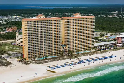 an aerial view of a hotel on a beach at Calypso 2-2304 West in Panama City Beach