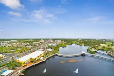 an aerial view of a marina with boats in the water at Laketown Wharf 1331 in Panama City Beach