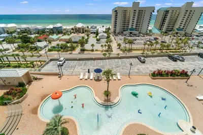 an overhead view of a swimming pool at a resort at Laketown Wharf 1331 in Panama City Beach