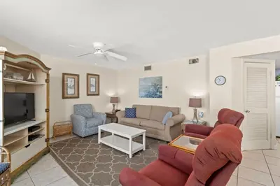 a living room with a couch and a tv at Aquavista 405e in Panama City Beach