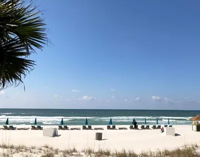 a beach with chairs and umbrellas and the ocean at Sunbird 0208E 'Dolphin Watch' in Panama City Beach