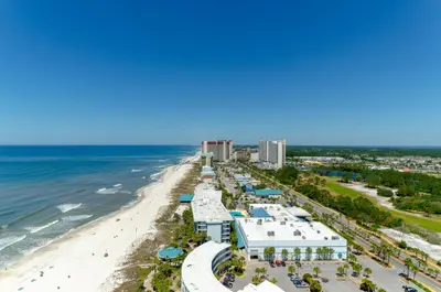 an aerial view of the beach and buildings at Boardwalk 2111 'Seaside Memories' in Panama City Beach