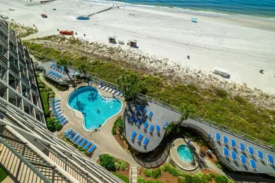 an aerial view of a resort and the beach at Edgewater 3-0810 'Alpaca My Bags' in Panama City Beach