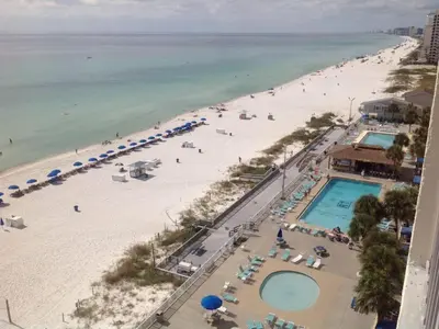 an aerial view of a beach with a swimming pool at Regency Towers 1122 'Seas The Day' in Panama City