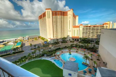an aerial view of a resort with a pool and the ocean at Laketown Wharf 335! 1 BD, 2 Bathroom with Amazing Amenities in Panama City Beach