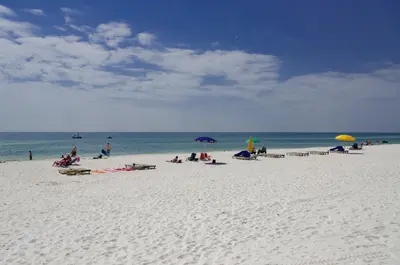 a group of people sitting on a beach with umbrellas at Mistral Unit 18 in Santa Rosa Beach
