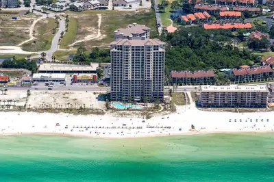 an aerial view of a beach with buildings and the ocean at Grand Panama 1-305 in Panama City Beach