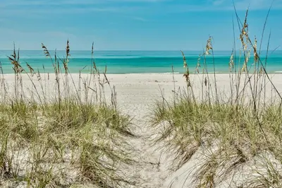 a sandy beach with grass and the ocean in the background at Sand Blast - Lovely Beachfront Home With Tons Of Space! in Panama City Beach