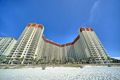 a resort with two tall buildings on the beach at Deluxe Beachfront Studio, Shores of Panama, Oceanviews and Updated in Panama City Beach