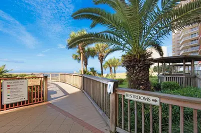 a boardwalk leading to the beach with palm trees at Hidden Dunes 1303 in Panama City Beach