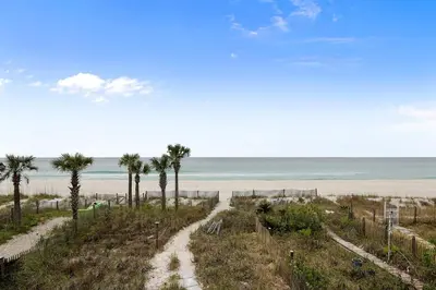 a view of a beach with palm trees and the ocean at Seaside Pointe by Book That Condo in Panama City Beach