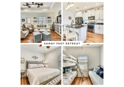 a collage of three pictures of a kitchen and a living room at Sandy Feet Retreat by Book That Condo in Panama City Beach