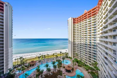 a view of the beach from the balcony of a resort at Shores of Panama #1217 by Book That Condo in Panama City Beach