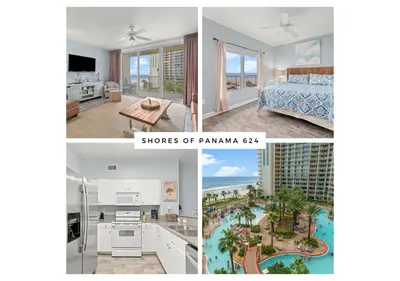 a collage of photos of a hotel room with a resort at Shores of Panama #624 by Book That Condo in Panama City Beach