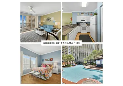 a collage of four pictures of aominium at Shores of Panama #1119 by Book That Condo in Panama City Beach