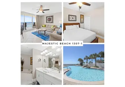 a collage of pictures of a bedroom and a pool at Majestic Beach Resort #1307-1 by Book That Condo in Panama City Beach