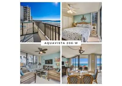 a collage of photos of a bedroom and a balcony with the ocean at Aquavista Condominiums #206-W by Book That Condo in Panama City Beach