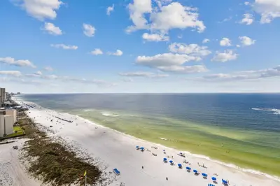 an aerial view of a beach with umbrellas and the ocean at Boardwalk Beach Resort #1605 by Book That Condo in Panama City Beach