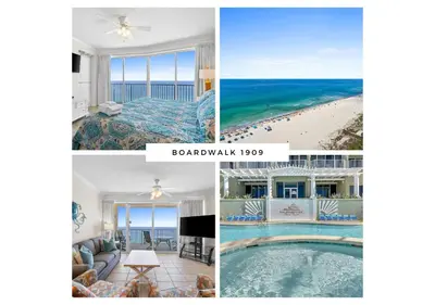a collage of photos of a hotel room and a beach at Boardwalk Beach Resort #1909 by Book That Condo in Panama City Beach