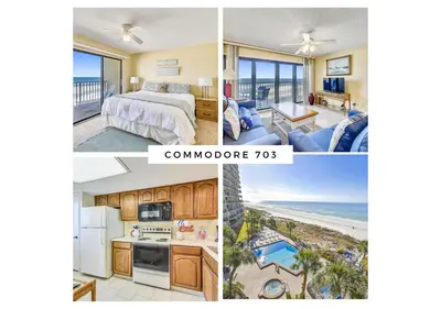 a collage of three pictures of a bedroom and a beach at Commodore Resort #703 by Book That Condo in Panama City Beach