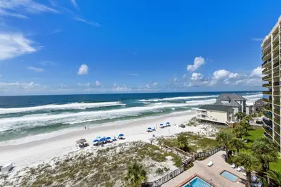 an aerial view of the beach and the ocean at Commodore Resort #704 by Book That Condo in Panama City Beach