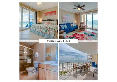 a collage of four pictures of a room with a ocean view at Twin Palms Resort #601 by Book That Condo in Panama City Beach